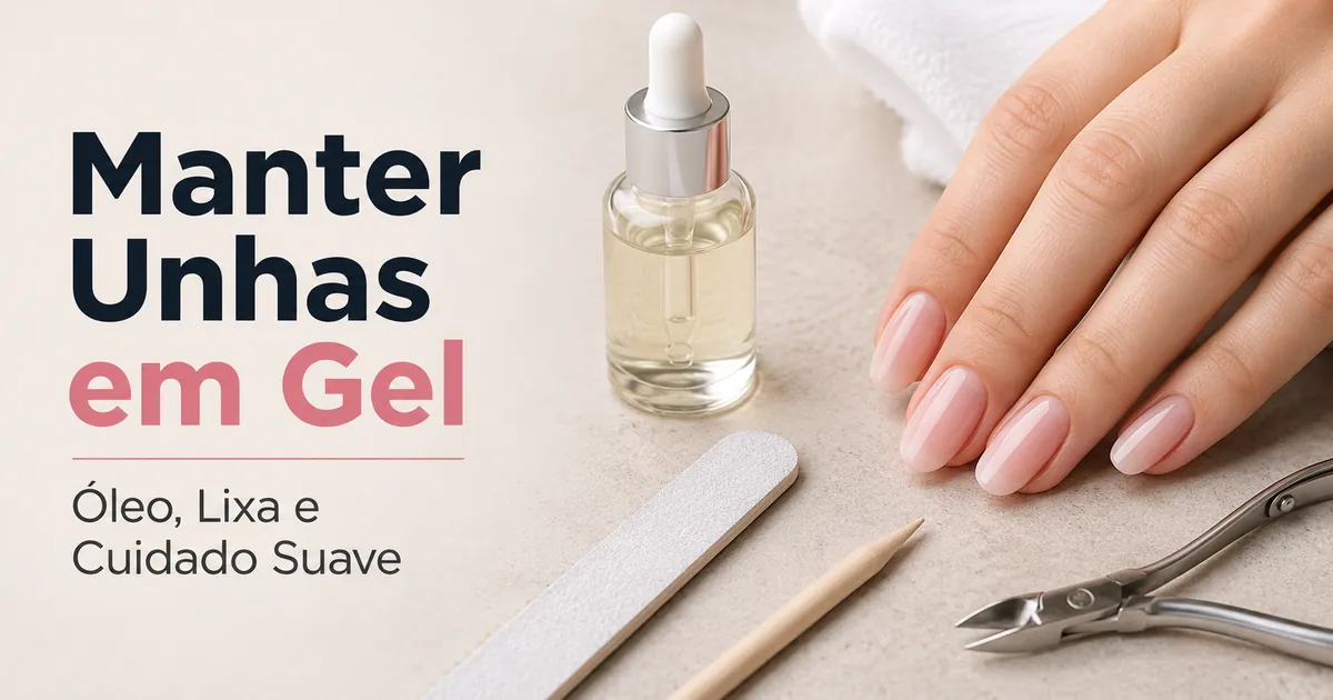 Manutenção de extensões de unhas em gel em casa com óleo de cutícula, lixa e ferramentas delicadas