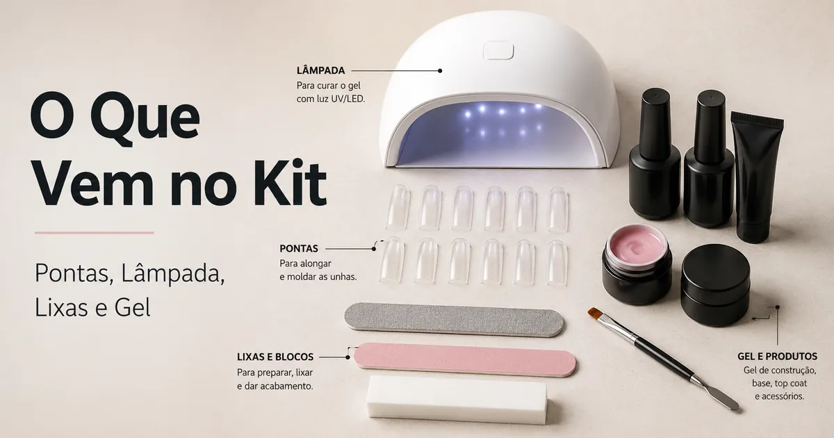 Peças de um kit de extensão de unhas em gel em casa, com pontas, lâmpada, lixas e produtos em gel