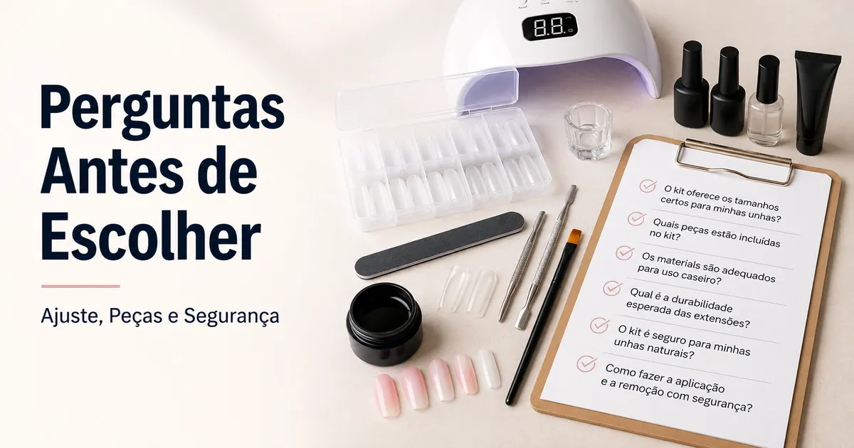 Kit de extensão de unhas em gel em casa com lista de perguntas sobre ajuste, peças, custo e segurança da unha