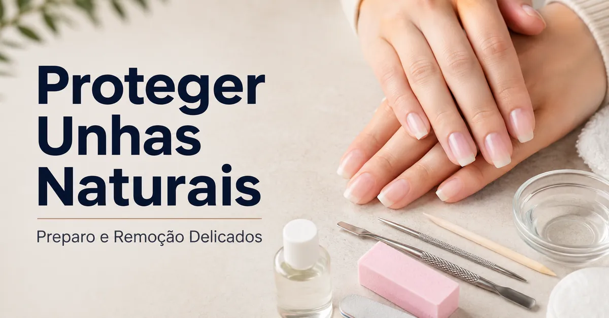 Unhas naturais saudáveis ao lado de ferramentas delicadas de preparo e remoção para extensões em gel em casa