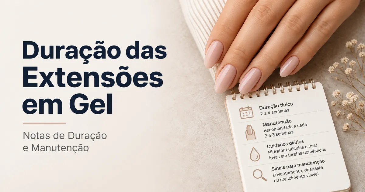 Extensões de unhas em gel finalizadas com notas sobre duração e manutenção