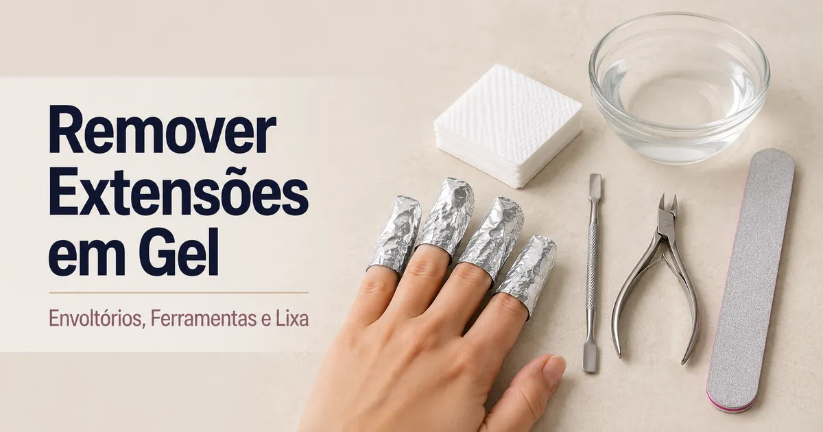 Preparo para remover extensões de unhas em gel em casa com envoltórios, ferramentas de remoção e lixa