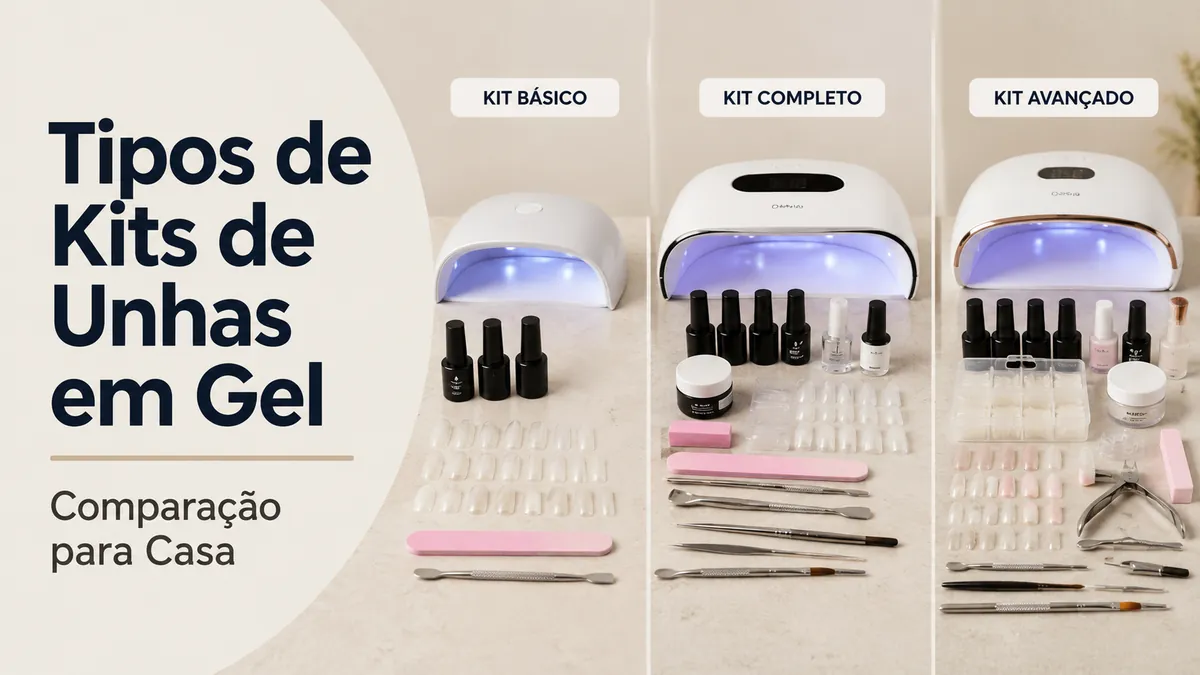Diferentes tipos de kits de extensão de unhas em gel em casa exibidos para comparação