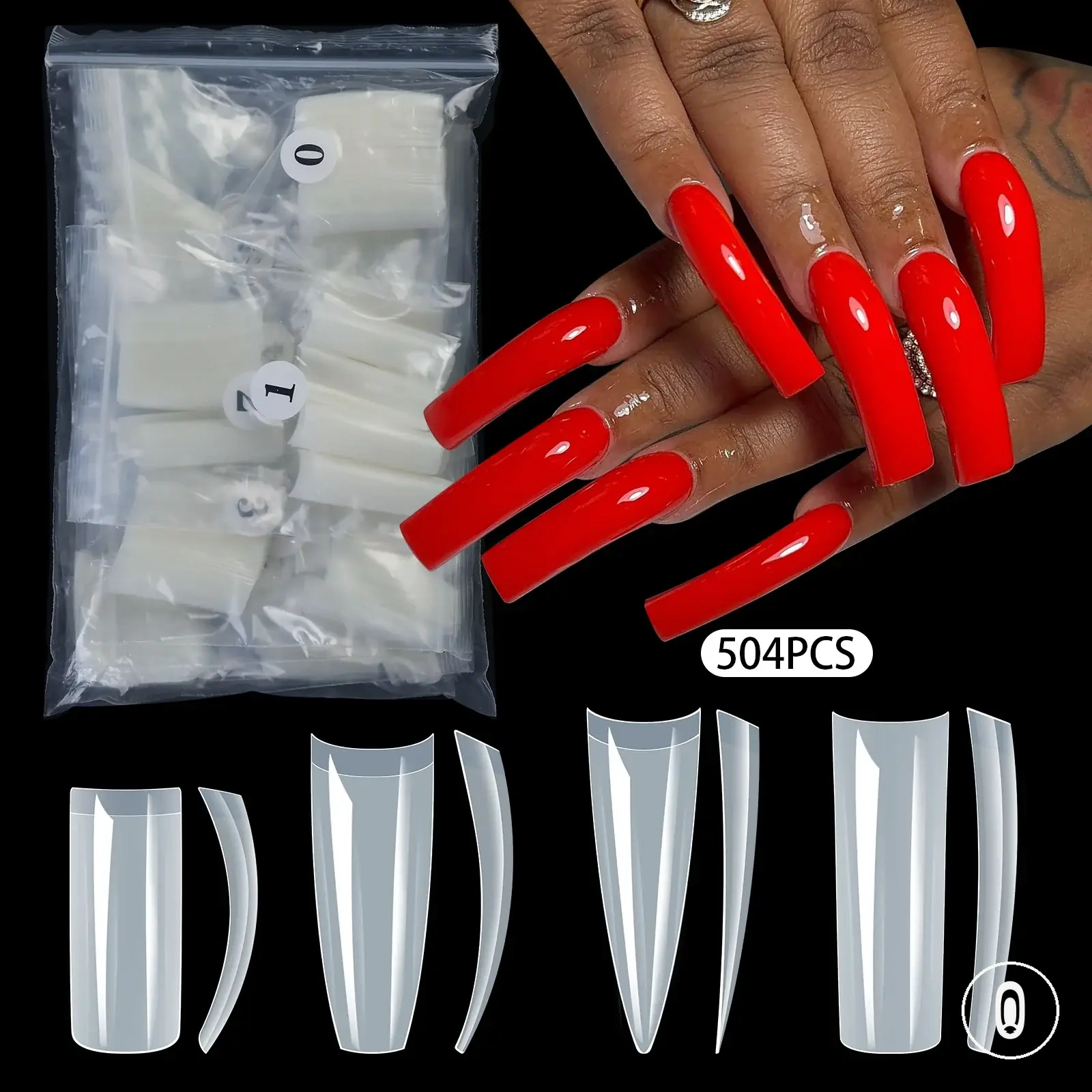 Stiletto ve coffin şekillerinde, farklı boyutlarda French soft jel tırnak tipsleri