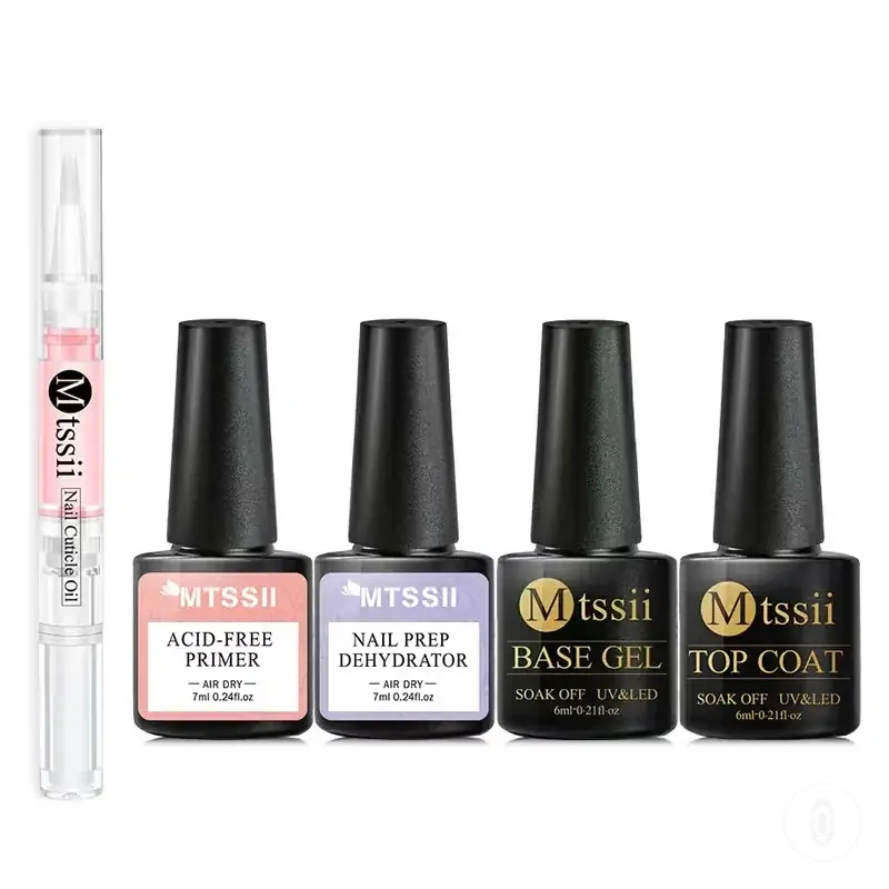 Primer, dehydrator, baz kat, top coat ve kütikül yağı içeren tırnak jel seti