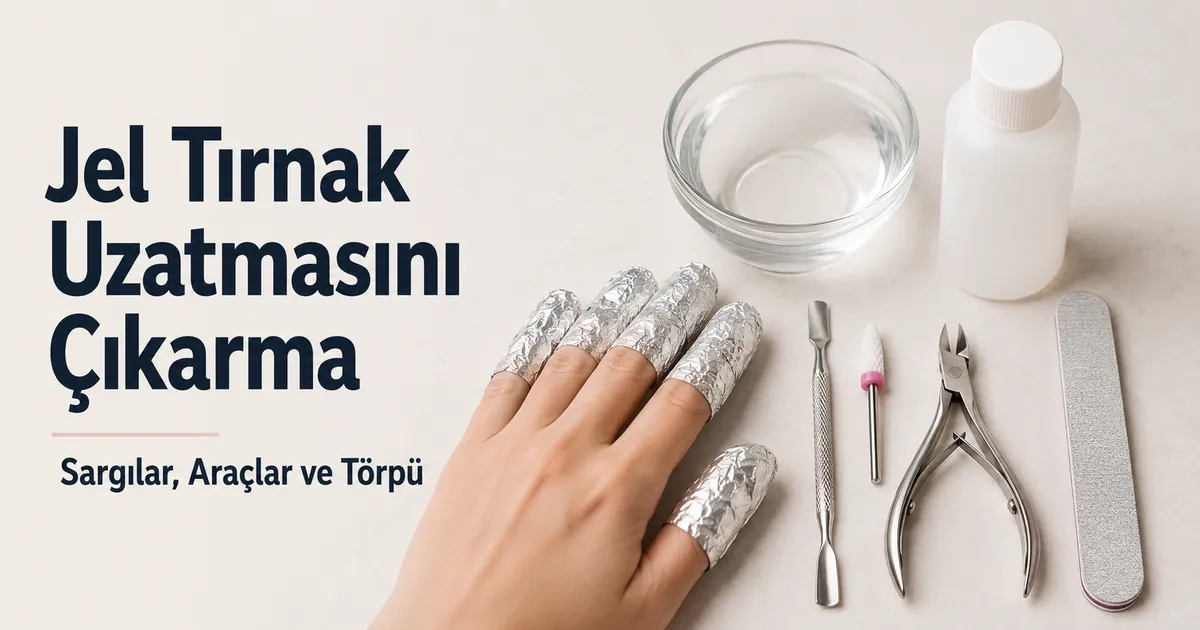 Sargılar, çıkarma araçları ve törpüyle evde jel tırnak uzatmalarını güvenli çıkarma düzeni