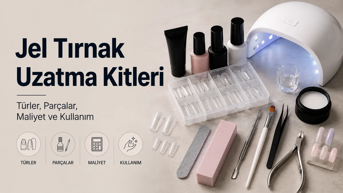 Tırnak uçları, araçlar, lamba ve uygulama ürünleriyle evde jel tırnak uzatma kiti