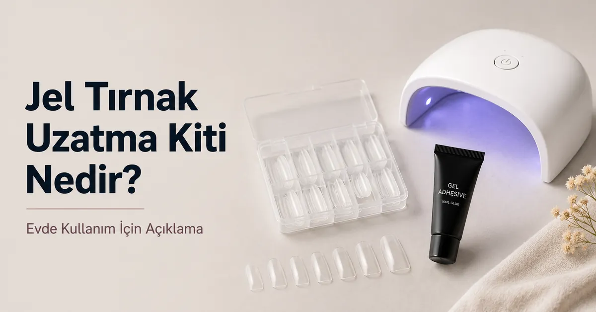 Tırnak uçları, jel yapıştırıcı ve kürleme lambasıyla temel evde jel tırnak uzatma kiti