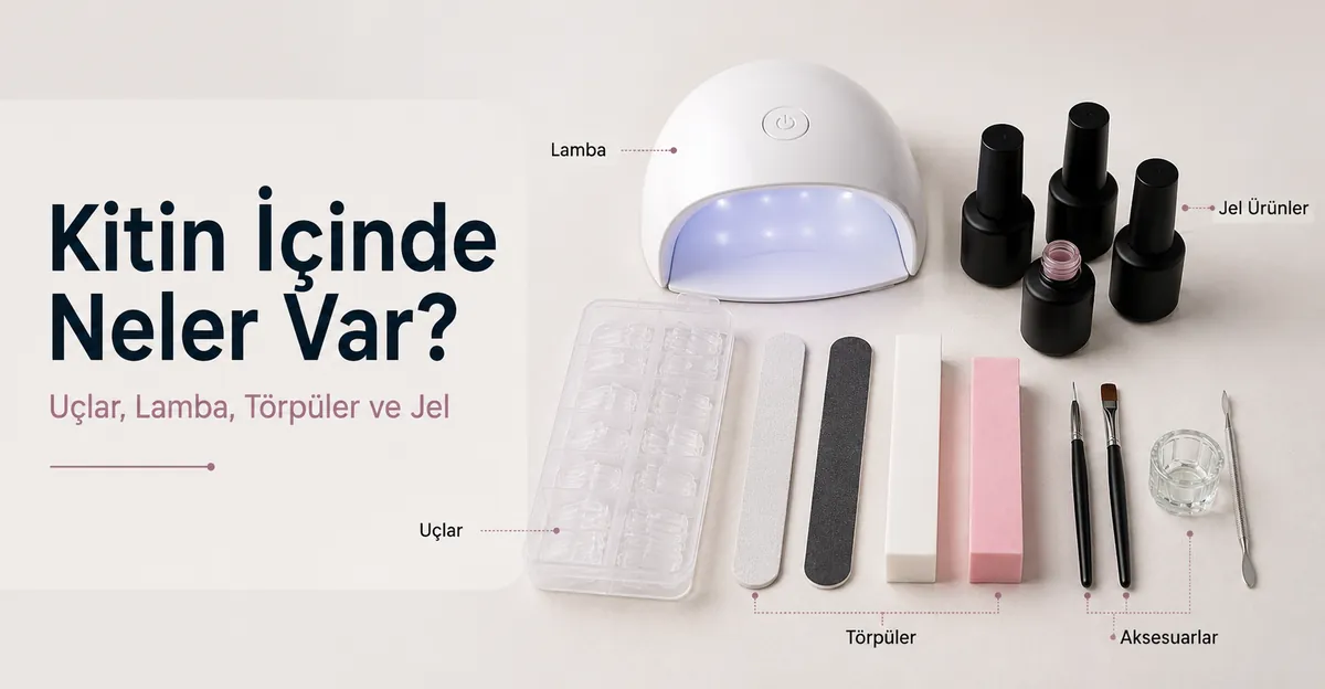Tırnak uçları, lamba, törpüler ve jel ürünleriyle evde jel tırnak uzatma kitinin parçaları