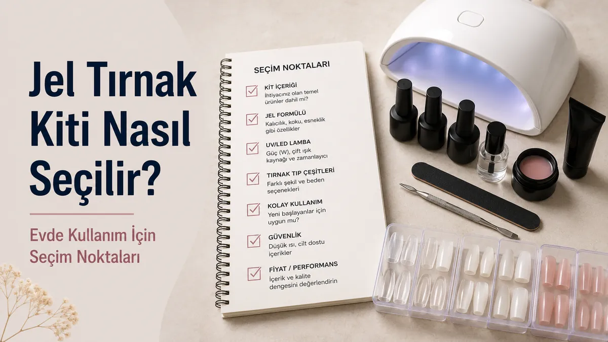 Evde jel tırnak uzatma kiti ve tırnak ucu seçeneklerinin yanında seçim kontrol listesi