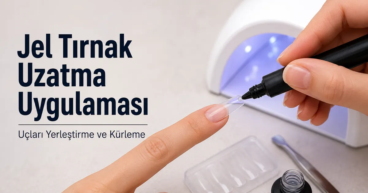 Evde lamba altında kürleme öncesi jel yapıştırıcıyla uygulanan jel tırnak ucu
