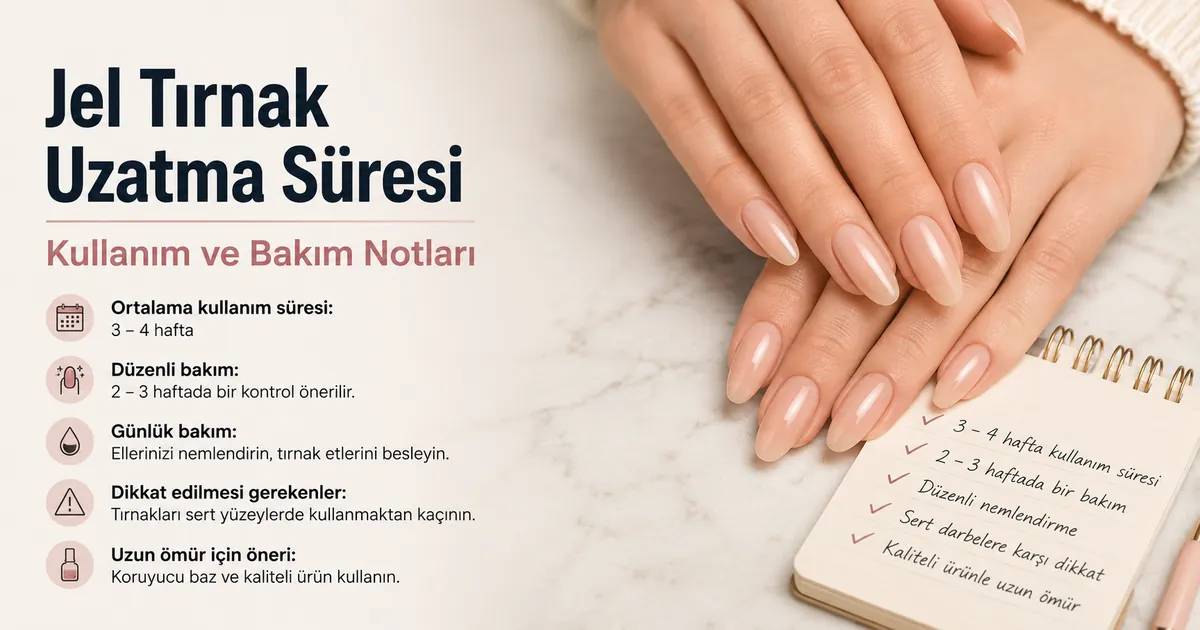 Kullanım süresi ve bakım notlarıyla tamamlanmış evde jel tırnak uzatmaları