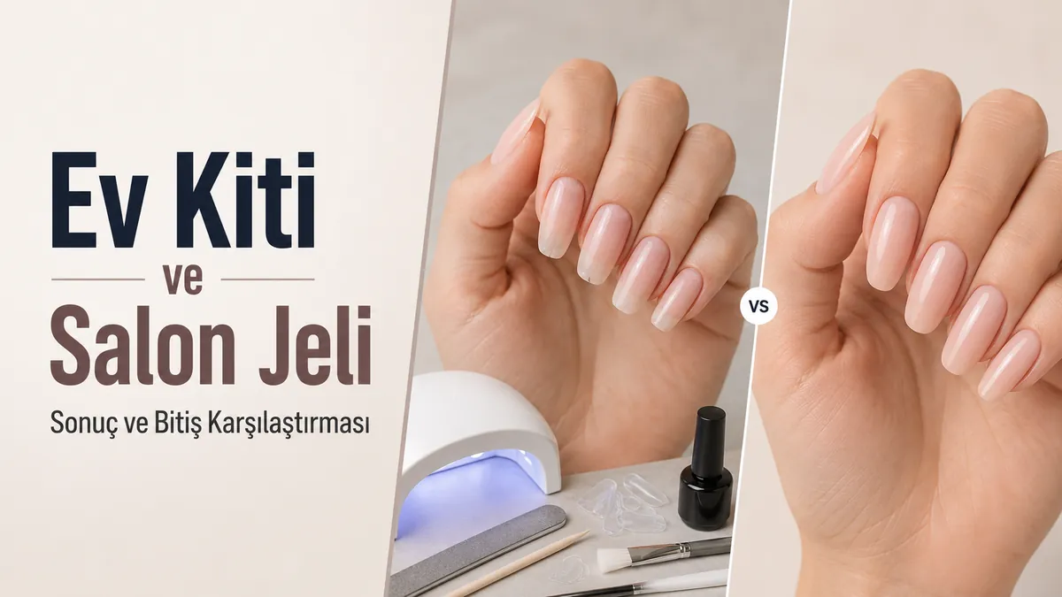 Evde jel tırnak uzatma kiti sonucu ile salon tarzı jel uzatma bitişinin karşılaştırması