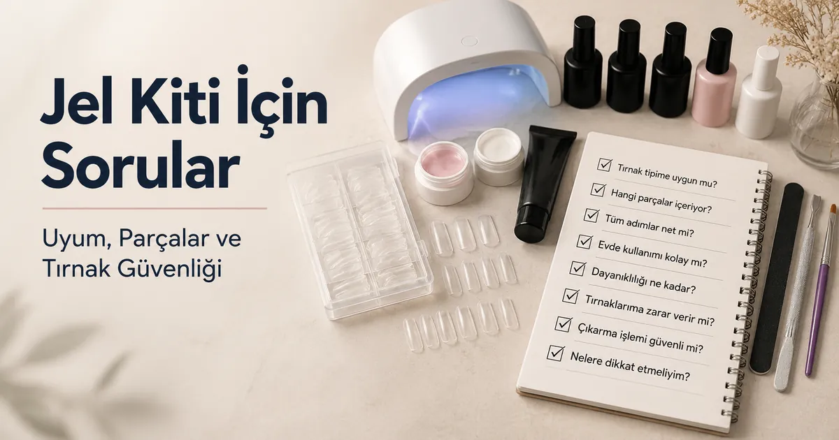 Uyum, parçalar, maliyet ve tırnak güvenliğiyle ilgili soru listesi bulunan evde jel tırnak uzatma kiti