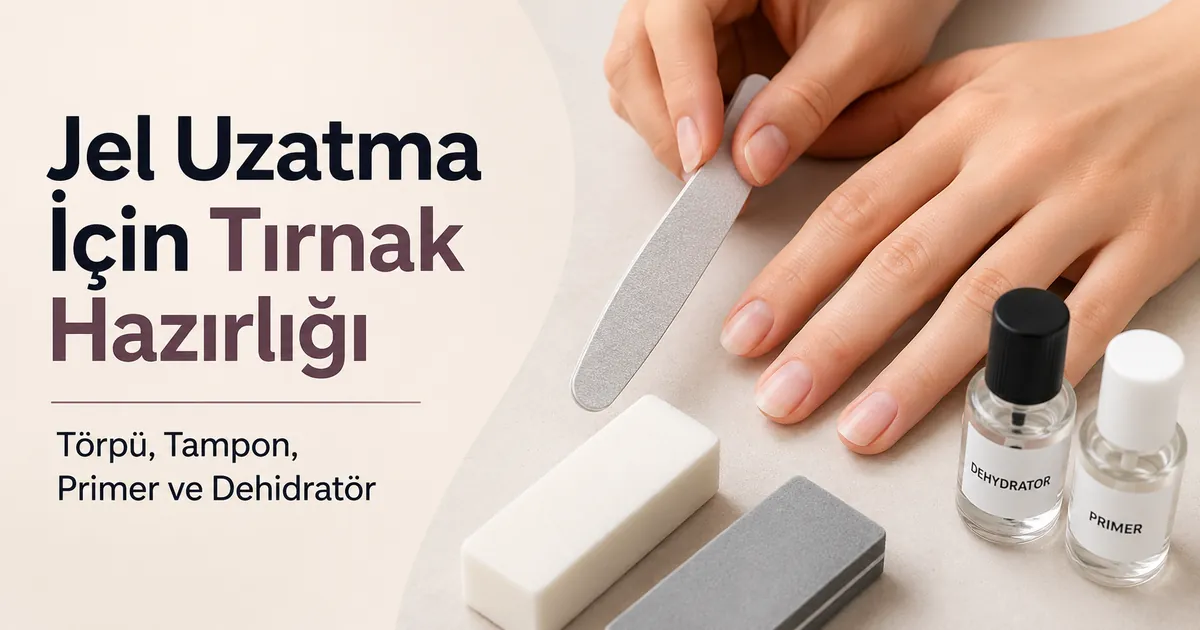 Evde jel uzatma öncesi törpü, tampon, primer ve dehidratör ile hazırlanan doğal tırnaklar
