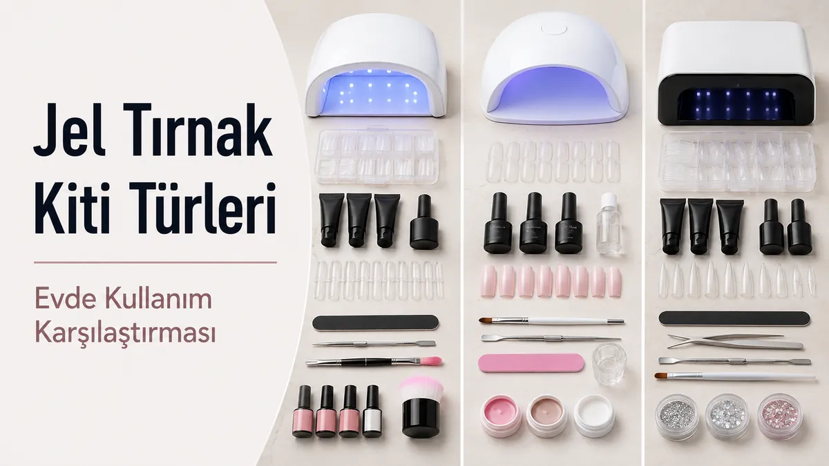 Karşılaştırma için gösterilen farklı evde jel tırnak uzatma kiti türleri